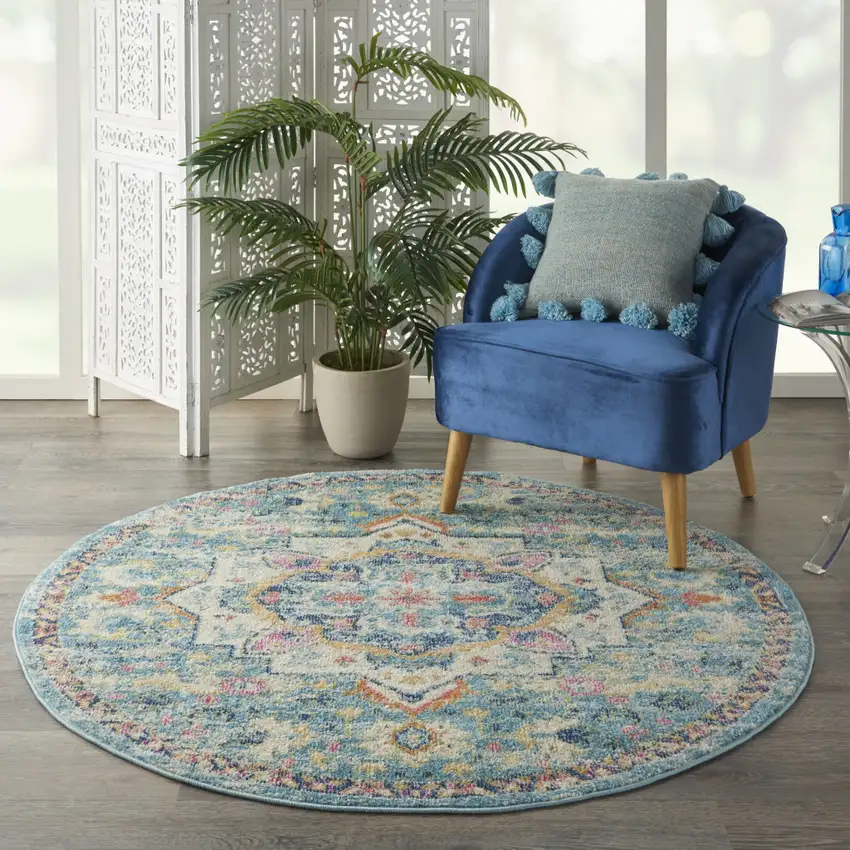 5' Ivory And Blue Oriental Distressed Round Rug Photo 4