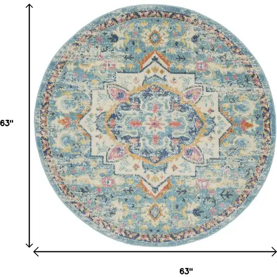 5' Ivory And Blue Oriental Distressed Round Rug Photo 3