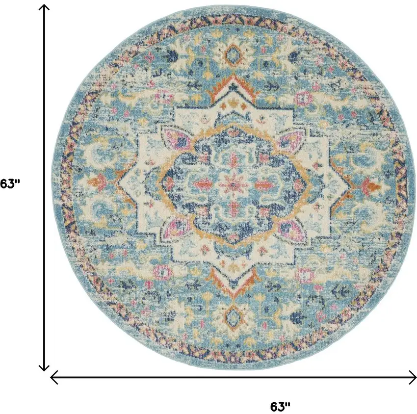 5' Ivory And Blue Oriental Distressed Round Rug Photo 3