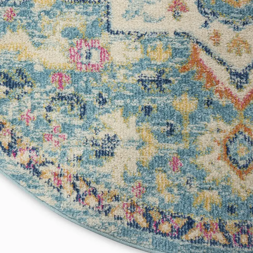 5' Ivory And Blue Oriental Distressed Round Rug Photo 9