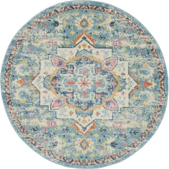 5' Ivory And Blue Oriental Distressed Round Rug Photo 3