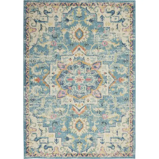 Ivory And Turquoise Oriental Distressed Area Rug Photo 2