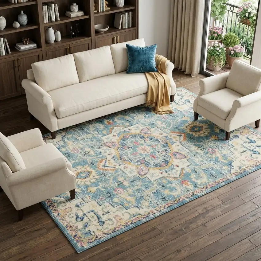 Ivory And Turquoise Oriental Distressed Area Rug Photo 1