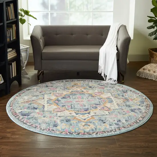 8' Ivory And Blue Oriental Distressed Round Rug Photo 1