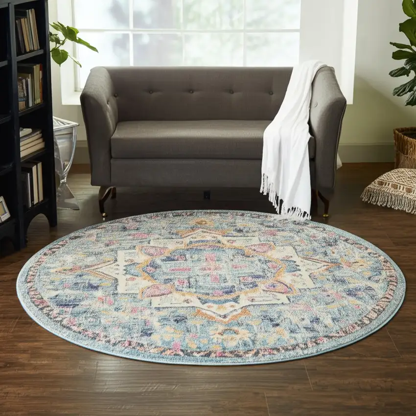 8' Ivory And Blue Oriental Distressed Round Rug Photo 1