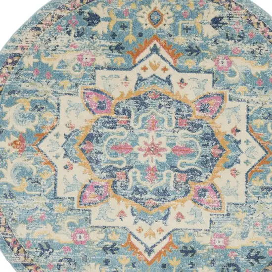 8' Ivory And Blue Oriental Distressed Round Rug Photo 7