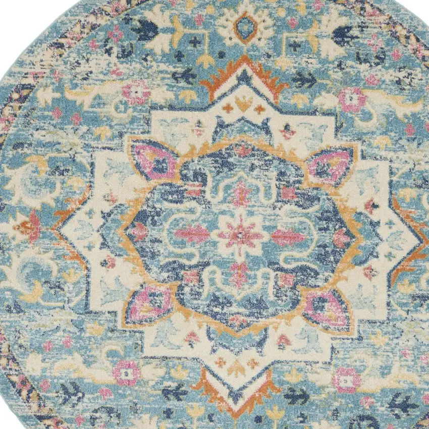8' Ivory And Blue Oriental Distressed Round Rug Photo 7