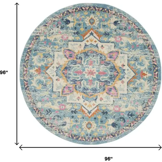 8' Ivory And Blue Oriental Distressed Round Rug Photo 3