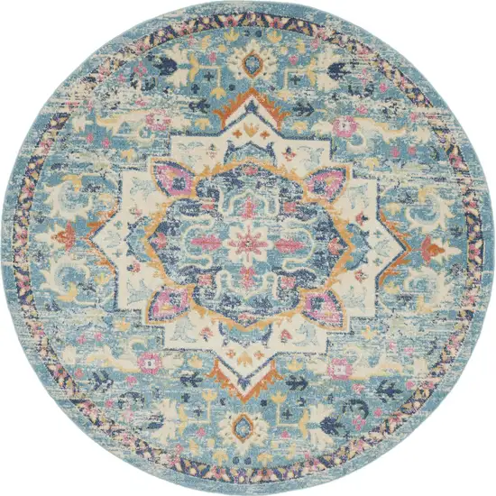 8' Ivory And Blue Oriental Distressed Round Rug Photo 4