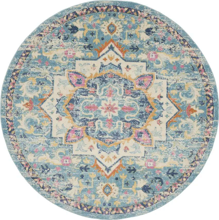 8' Ivory And Blue Oriental Distressed Round Rug Photo 4
