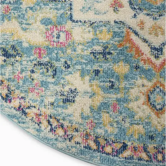 8' Ivory And Blue Oriental Distressed Round Rug Photo 7