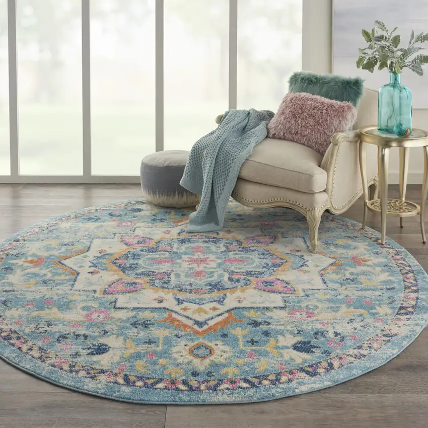 8' Ivory And Blue Oriental Distressed Round Rug Photo 7