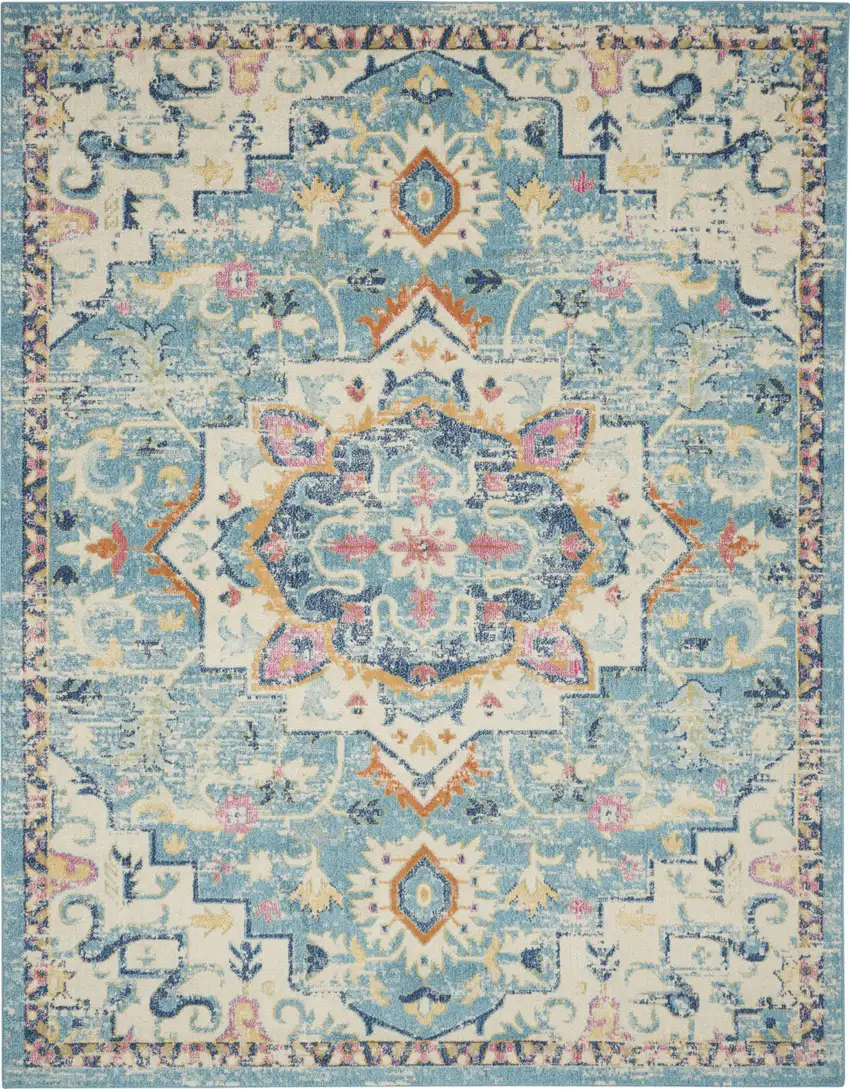 Ivory And Blue Oriental Distressed Area Rug Photo 1