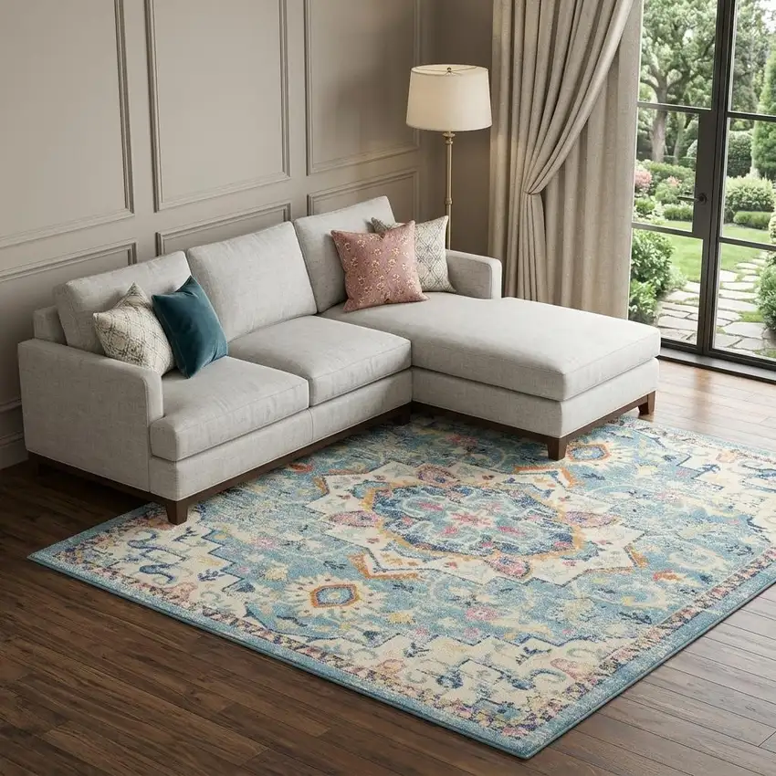 Ivory And Blue Oriental Distressed Area Rug Photo 1