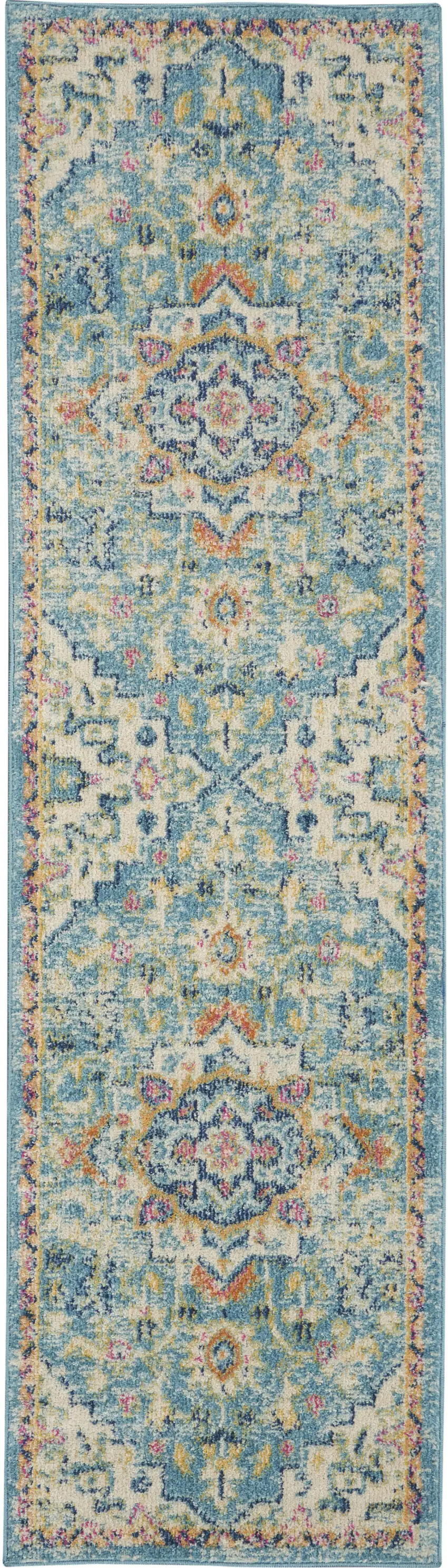 6' Ivory And Blue Oriental Distressed Runner Rug Photo 1