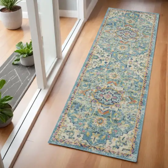 6' Ivory And Blue Oriental Distressed Runner Rug Photo 1