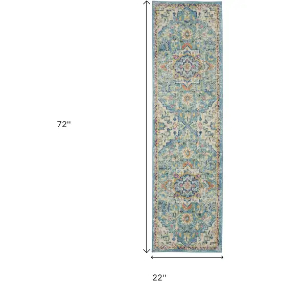 6' Ivory And Blue Oriental Distressed Runner Rug Photo 3