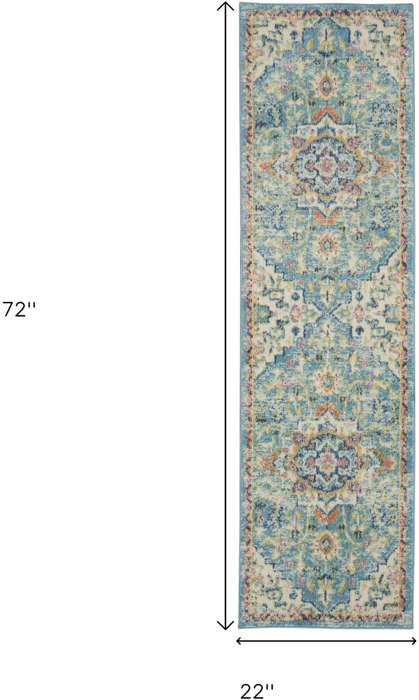 6' Ivory And Blue Oriental Distressed Runner Rug Photo 3