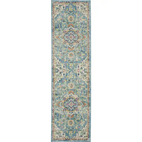6' Ivory And Blue Oriental Distressed Runner Rug Photo 9