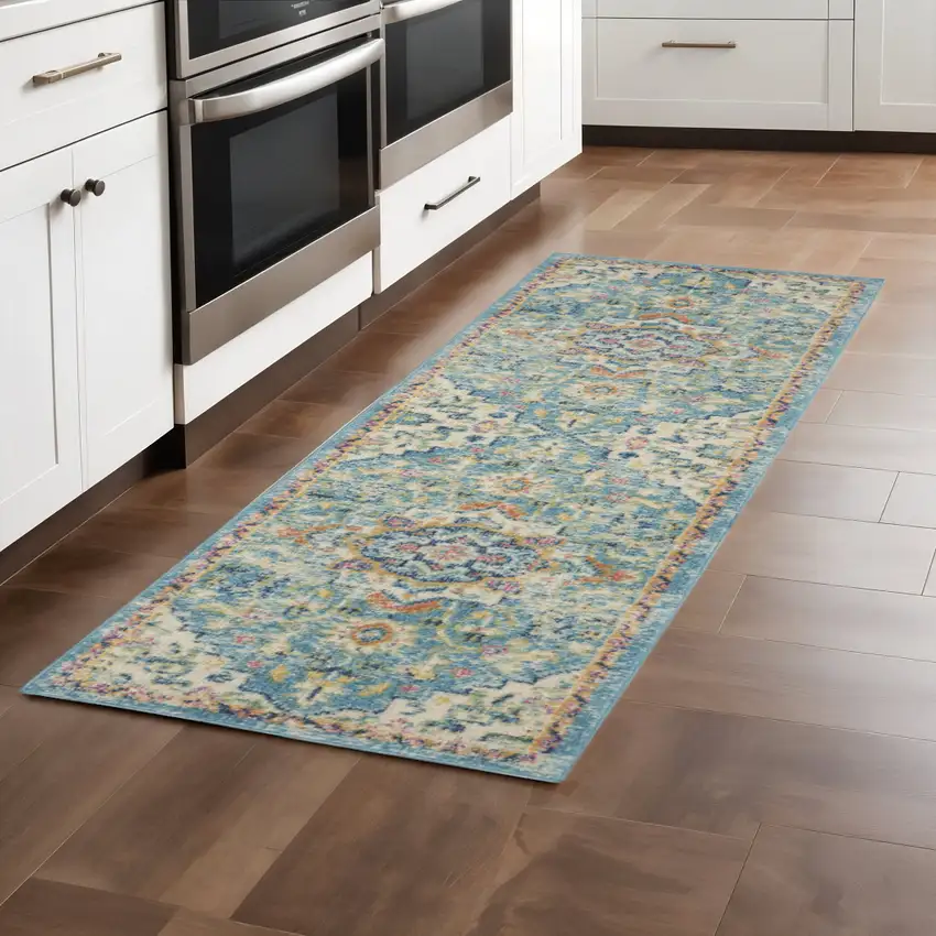 8' Ivory And Blue Oriental Distressed Runner Rug Photo 1