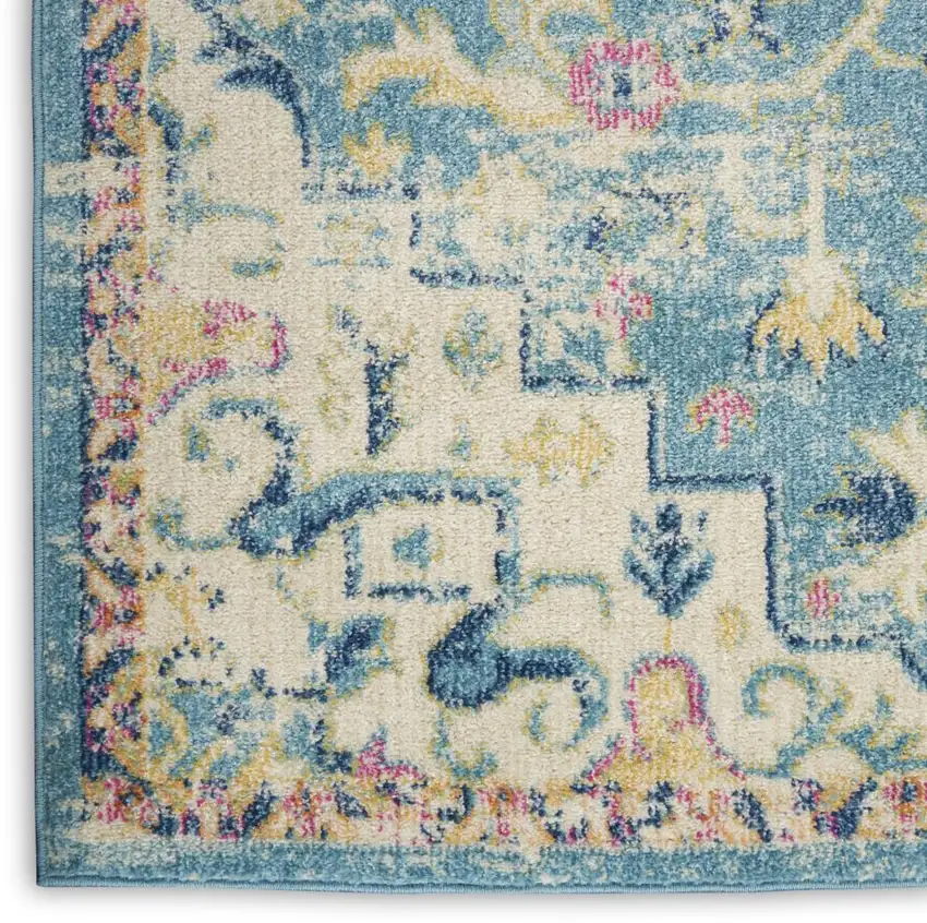 8' Ivory And Blue Oriental Distressed Runner Rug Photo 8
