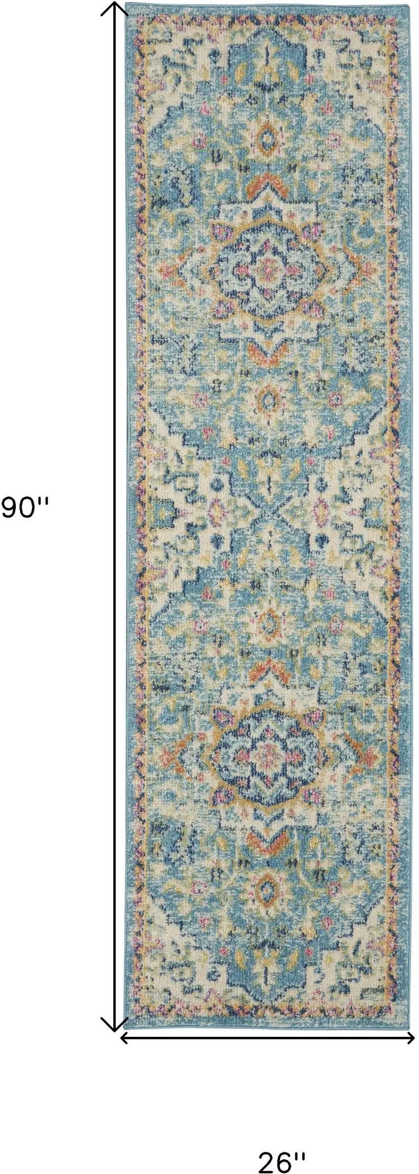 8' Ivory And Blue Oriental Distressed Runner Rug Photo 9