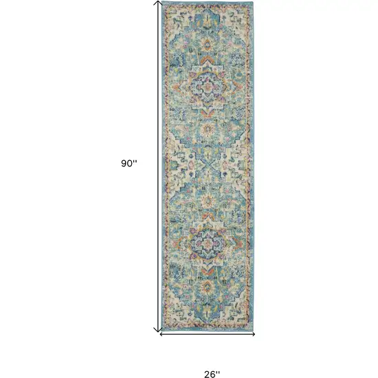8' Ivory And Blue Oriental Distressed Runner Rug Photo 9