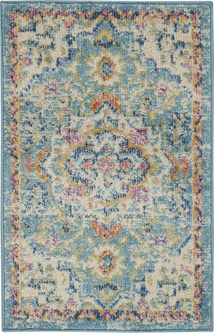 Ivory And Blue Oriental Distressed Area Rug Photo 2