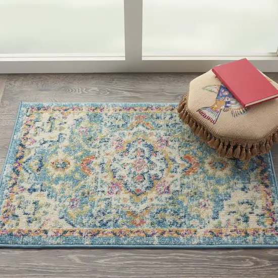 Ivory And Blue Oriental Distressed Area Rug Photo 9
