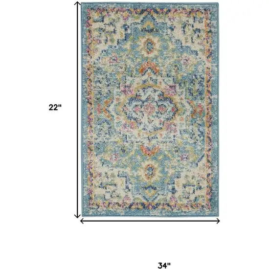 Ivory And Blue Oriental Distressed Area Rug Photo 6