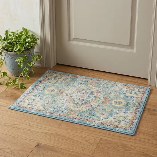 Ivory And Blue Oriental Distressed Area Rug Photo 1