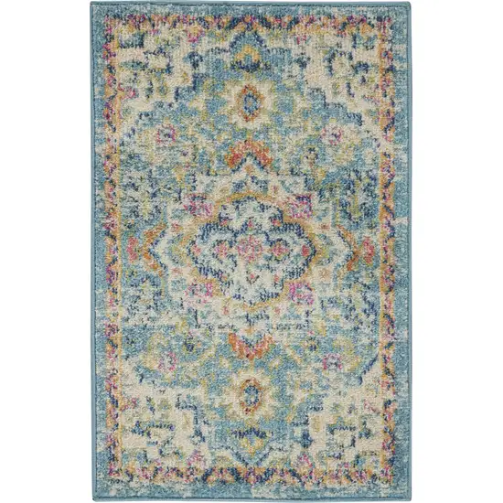 Ivory And Blue Oriental Distressed Area Rug Photo 2