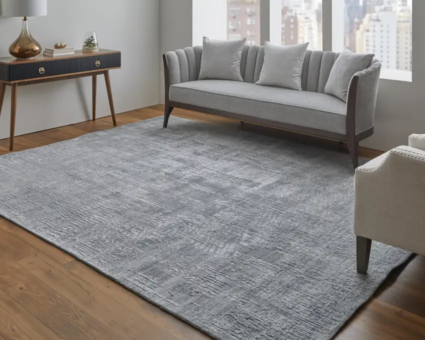 Light Blue and Silver Abstract Hand Woven Worn Faded Area Rug Photo 7