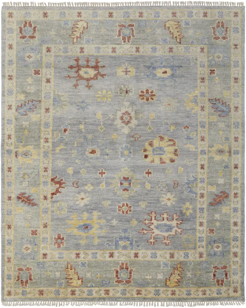 Light Blue and Taupe Wool Floral Hand Knotted Area Rug With Fringe Photo 5