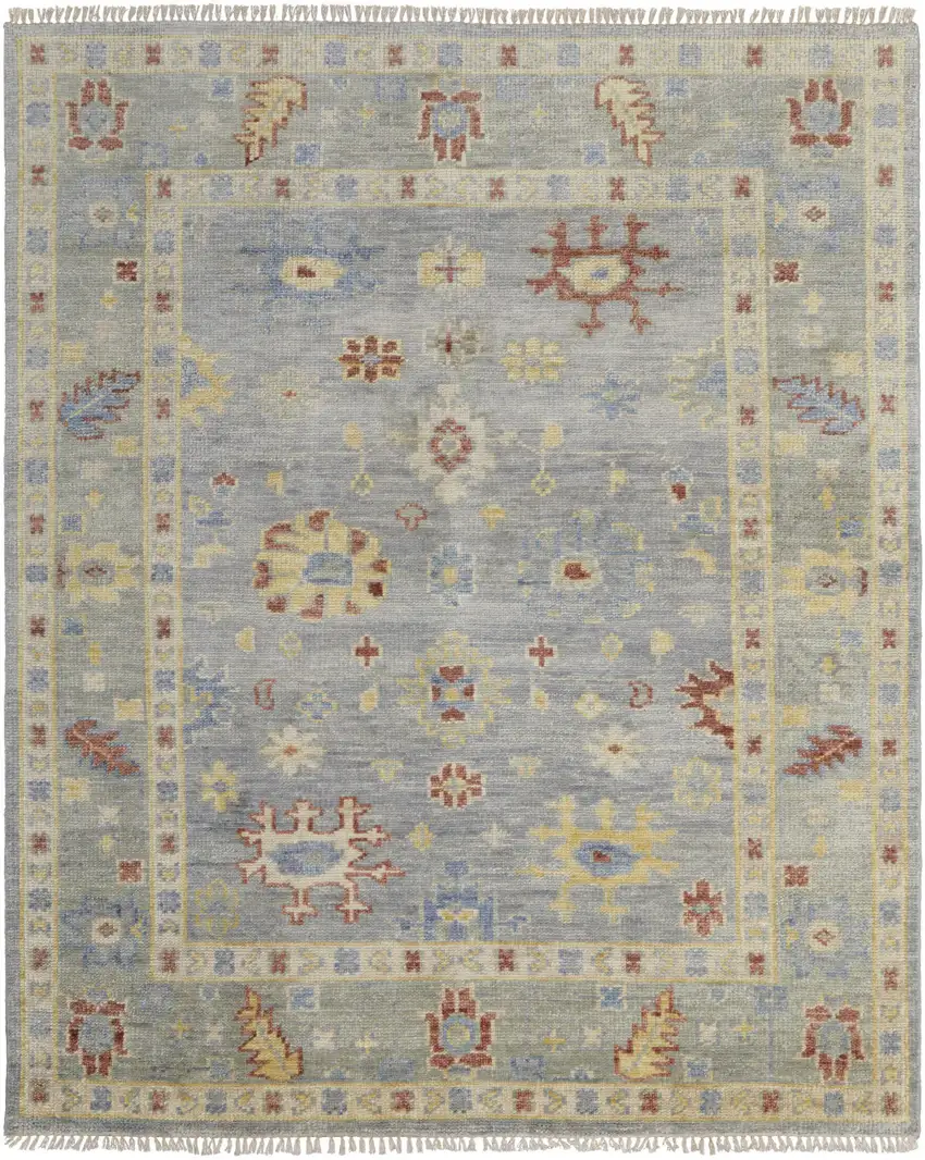 Light Blue and Taupe Wool Floral Hand Knotted Area Rug With Fringe Photo 4