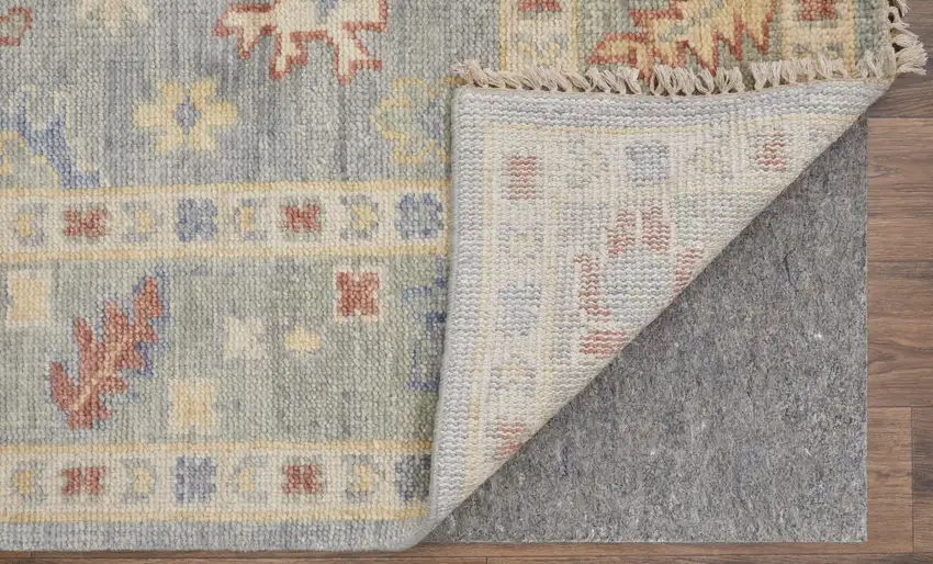 Light Blue and Taupe Wool Floral Hand Knotted Area Rug With Fringe Photo 9