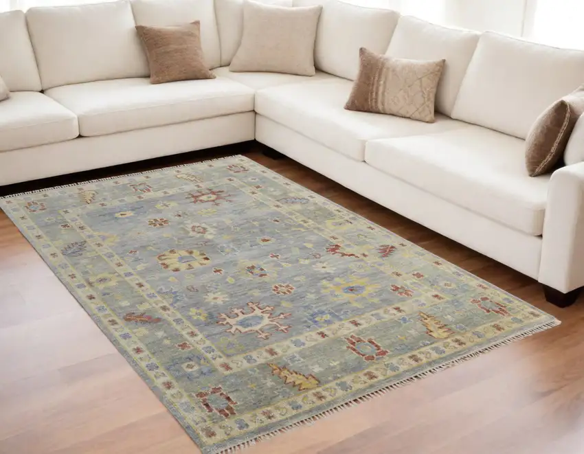 Light Blue and Taupe Wool Floral Hand Knotted Area Rug With Fringe Photo 1