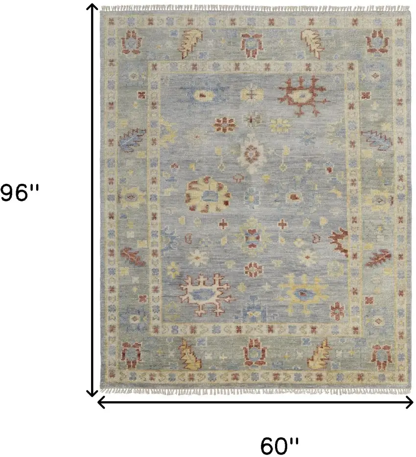 Light Blue and Taupe Wool Floral Hand Knotted Area Rug With Fringe Photo 3
