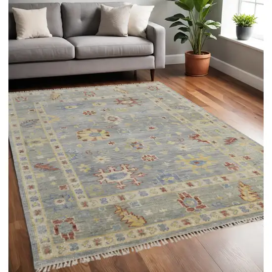 Blue Taupe And Gray Wool Floral Hand Knotted Area Rug With Fringe Photo 1