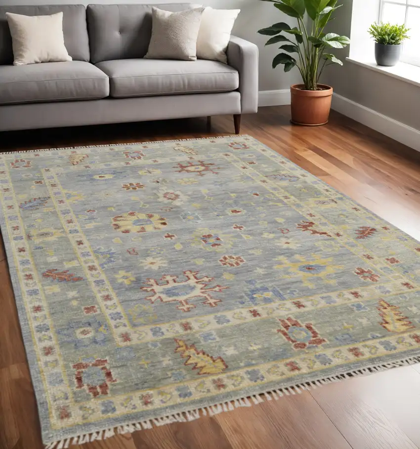 Blue Taupe And Gray Wool Floral Hand Knotted Area Rug With Fringe Photo 1