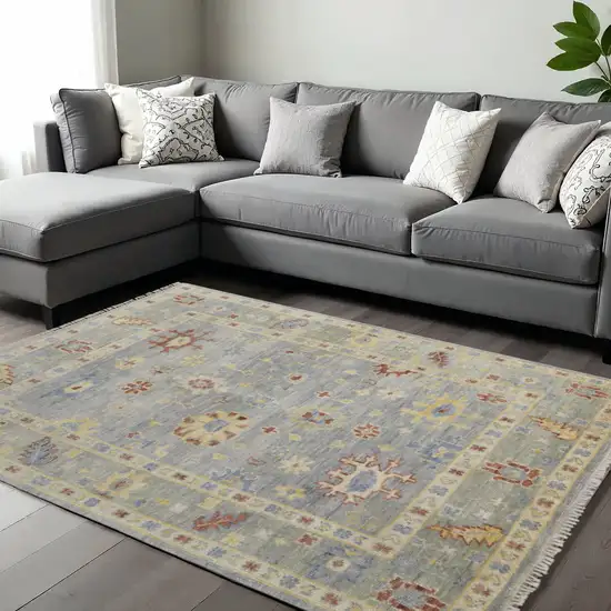 Blue Taupe And Gray Wool Floral Hand Knotted Area Rug With Fringe Photo 1