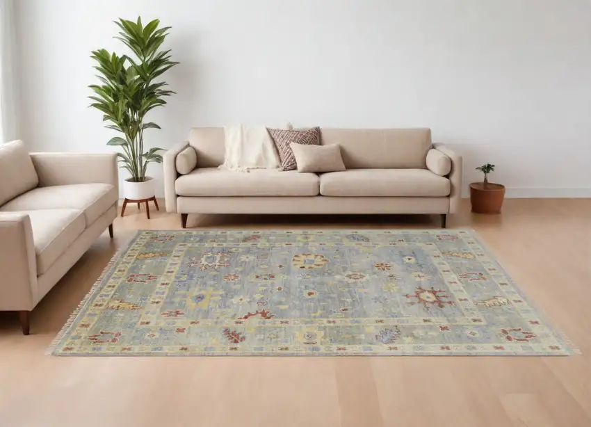 Light Blue and Taupe Wool Floral Hand Knotted Area Rug With Fringe Photo 1