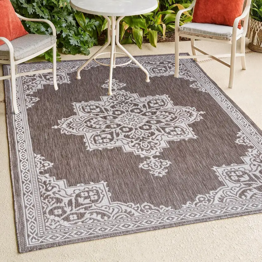 Light Brown And Cream Medallion Indoor Outdoor Area Rug Photo 9