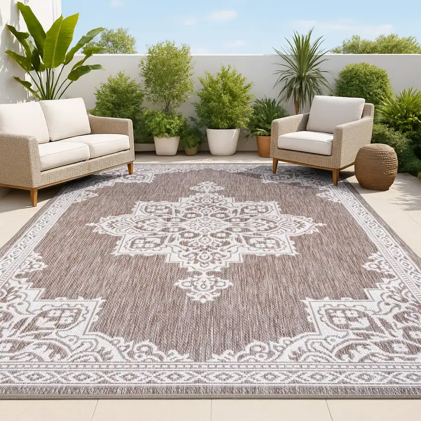 Light Brown And Cream Medallion Indoor Outdoor Area Rug Photo 4