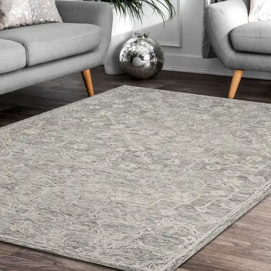 Light Gray And Beige Wool Floral Hand Tufted Area Rug Photo 5
