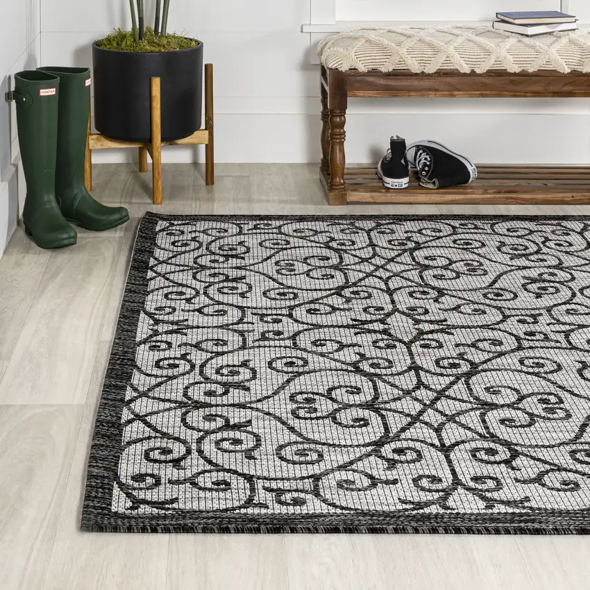 Light Gray And Black Geometric Indoor Outdoor Area Rug Photo 6