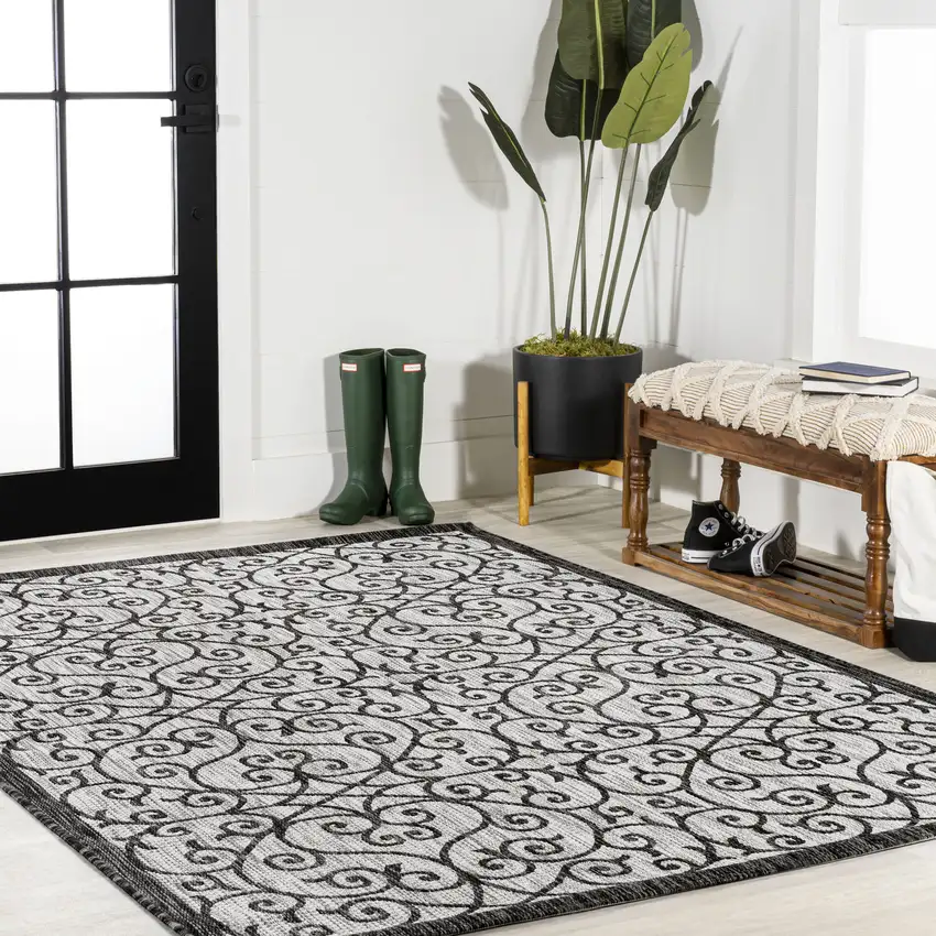 Light Gray And Black Geometric Indoor Outdoor Area Rug Photo 8