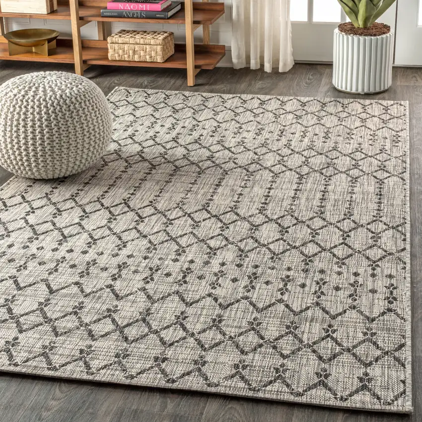 Light Gray And Black Trellis Indoor Outdoor Area Rug Photo 6