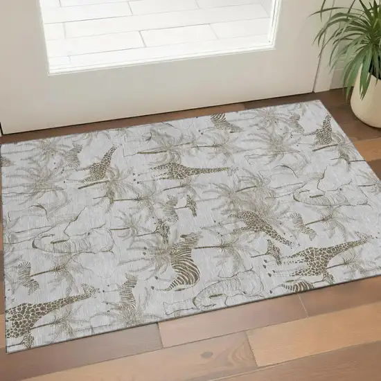 Light Gray And Brown Geometric Washable Area Rug With UV Protection Photo 1