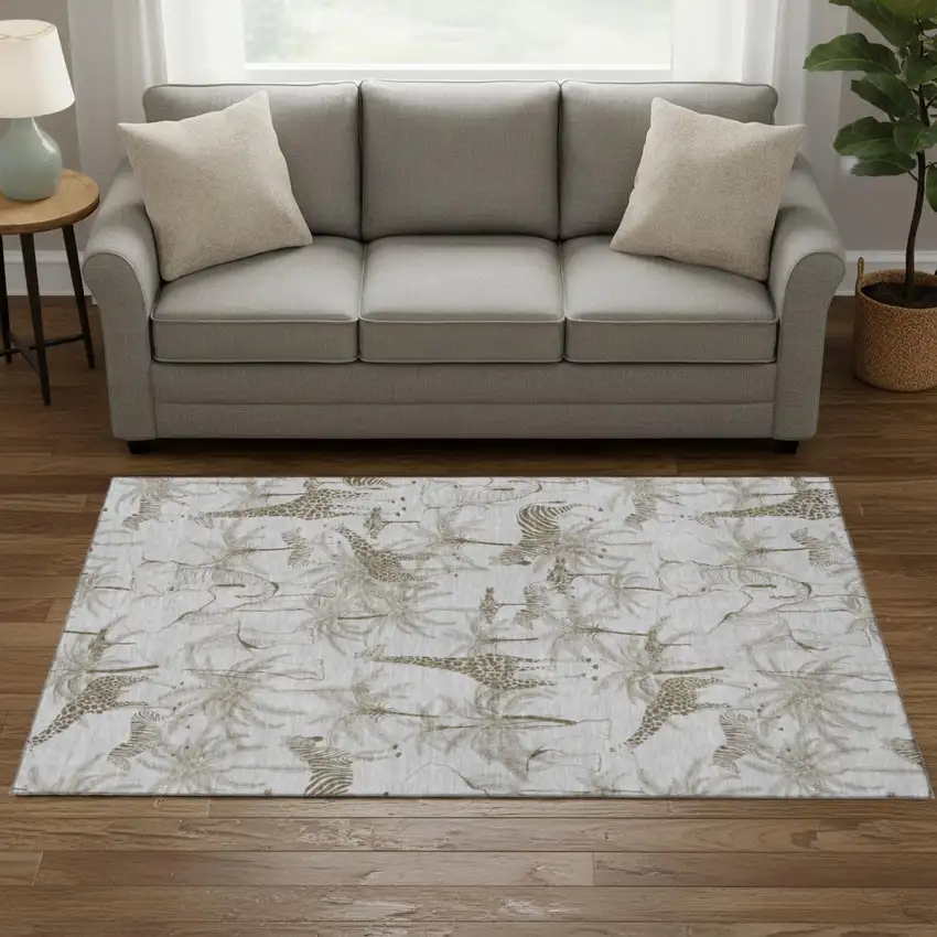 Light Gray And Brown Geometric Washable Area Rug With UV Protection Photo 1